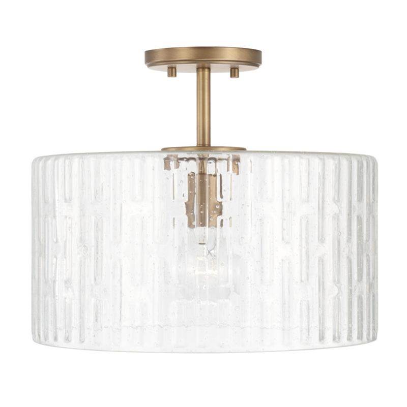 Capital Lighting Emerson 1-Light Semi-Flush in Aged Brass with Embossed Seeded Glass