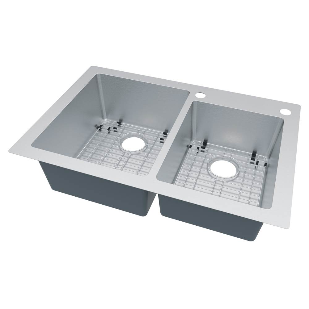 Compass Manufacturing Vandermere 33X22X9X7.5 60/40 Dual Mount Taper Sink, 18 Gauge, 2 Holes For Faucet