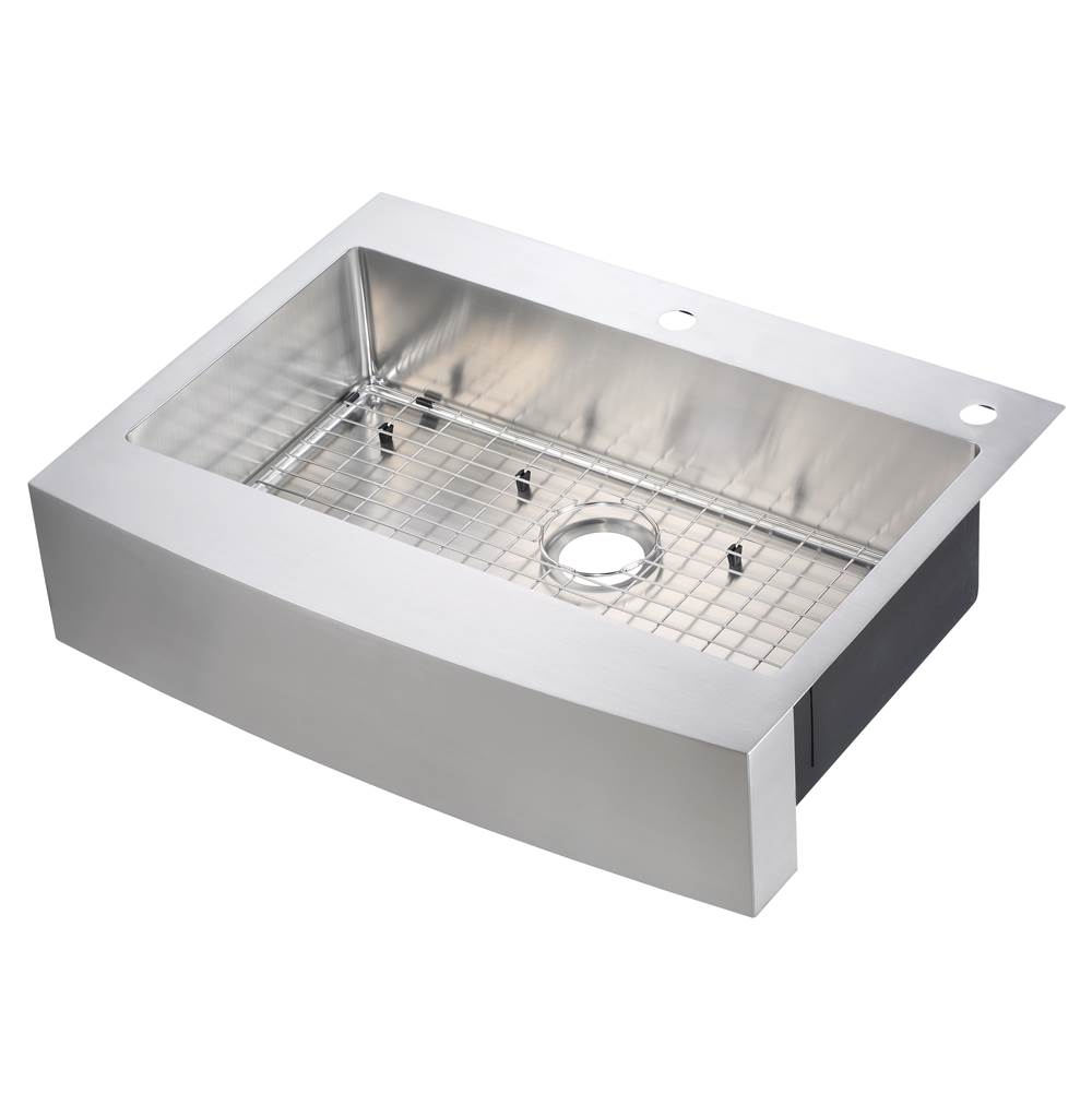 Compass Manufacturing 333X25X8 Single Bowl, 8'' Curved Front Apron Farm Sink With Faucet Deck 2 Hole Sink, Retrofit, 18 Gauge, With Sink Grid, Dual Mount