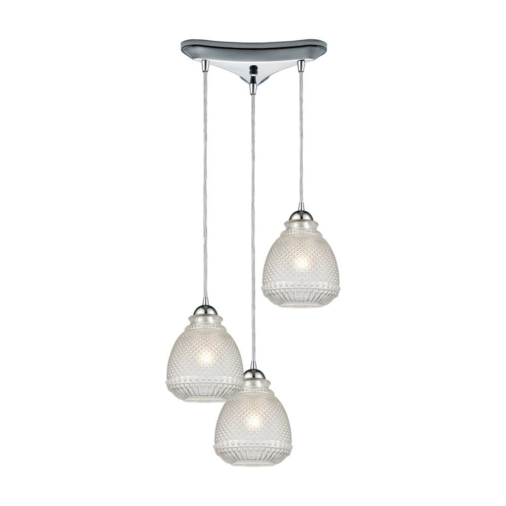 Elk Lighting Victoriana 3-Light Triangular Pendant Fixture in Polished Chrome with Clear Crosshatched Glass