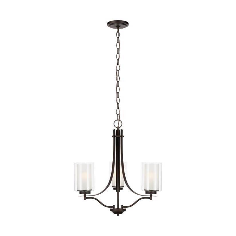 Generation Lighting Elmwood Park Traditional 3-Light Indoor Dimmable Ceiling Chandelier Pendant Light In Bronze Finish W/Satin Etched Glass Shades And Clear Glass Shades
