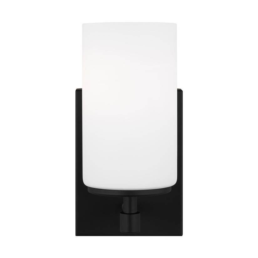Generation Lighting Alturas Indoor Dimmable 1-Light Wall Bath Sconce In A Midnight Black Finish And Etched White Glass Shades