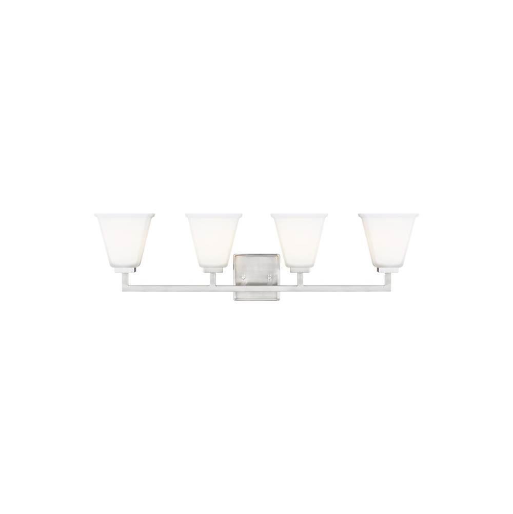 Generation Lighting Ellis Harper Classic 4-Light Indoor Dimmable Bath Vanity Wall Sconce In Brushed Nickel Silver Finish With Etched White Inside Glass Shades