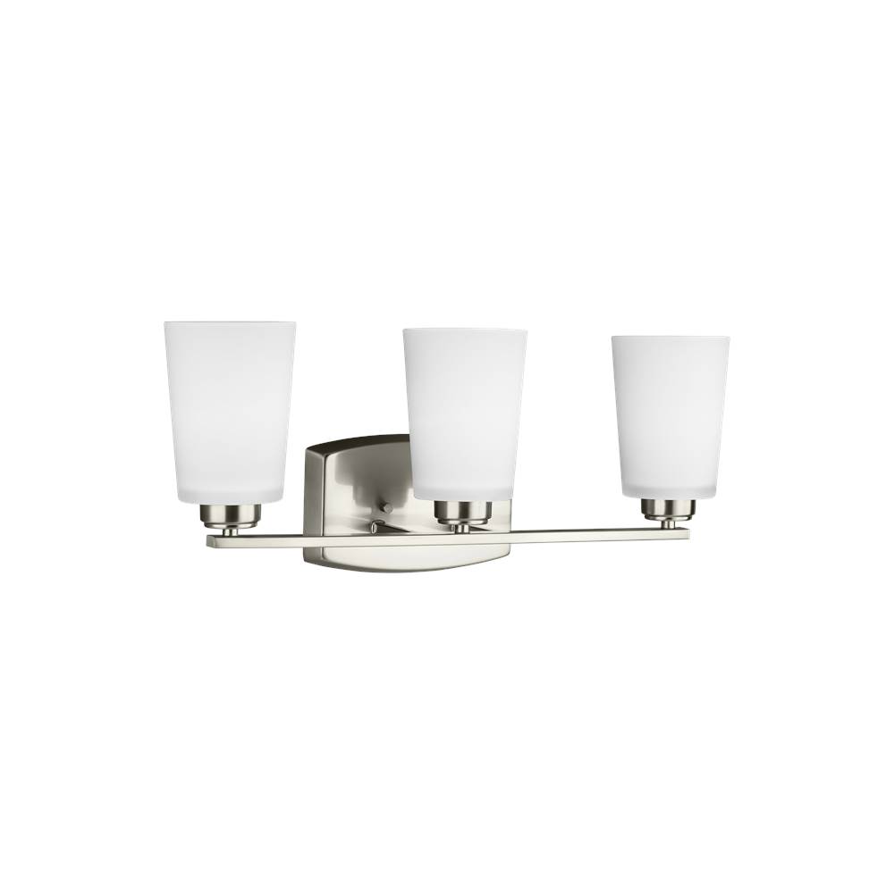 Generation Lighting Franport Transitional 3-Light Indoor Dimmable Bath Vanity Wall Sconce In Brushed Nickel Silver Finish With Etched White Glass Shades