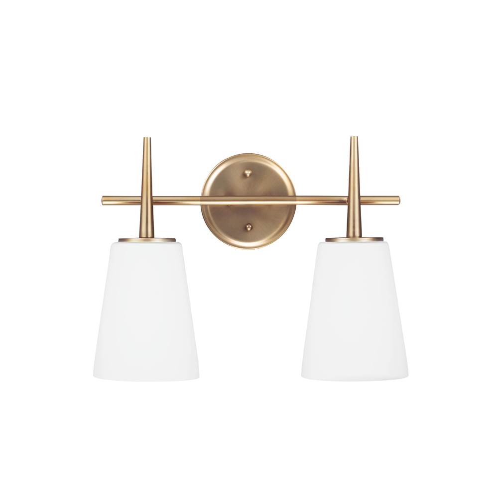 Generation Lighting Driscoll Contemporary 2-Light Indoor Dimmable Bath Vanity Wall Sconce In Satin Brass Gold Finish With Cased Opal Etched Glass