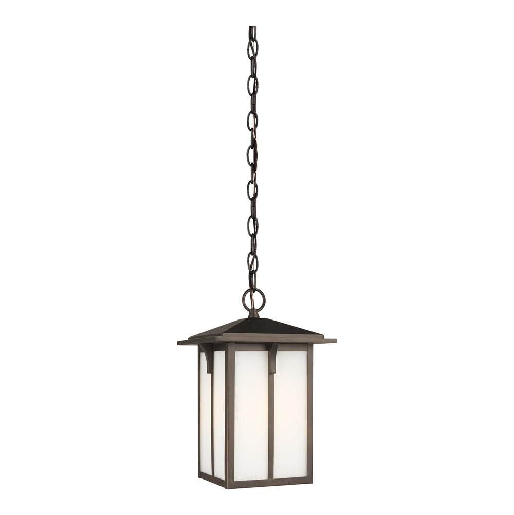 Generation Lighting Tomek Modern 1-Light Led Outdoor Exterior Ceiling Hanging Pendant In Antique Bronze Finish With Etched White Glass Panels