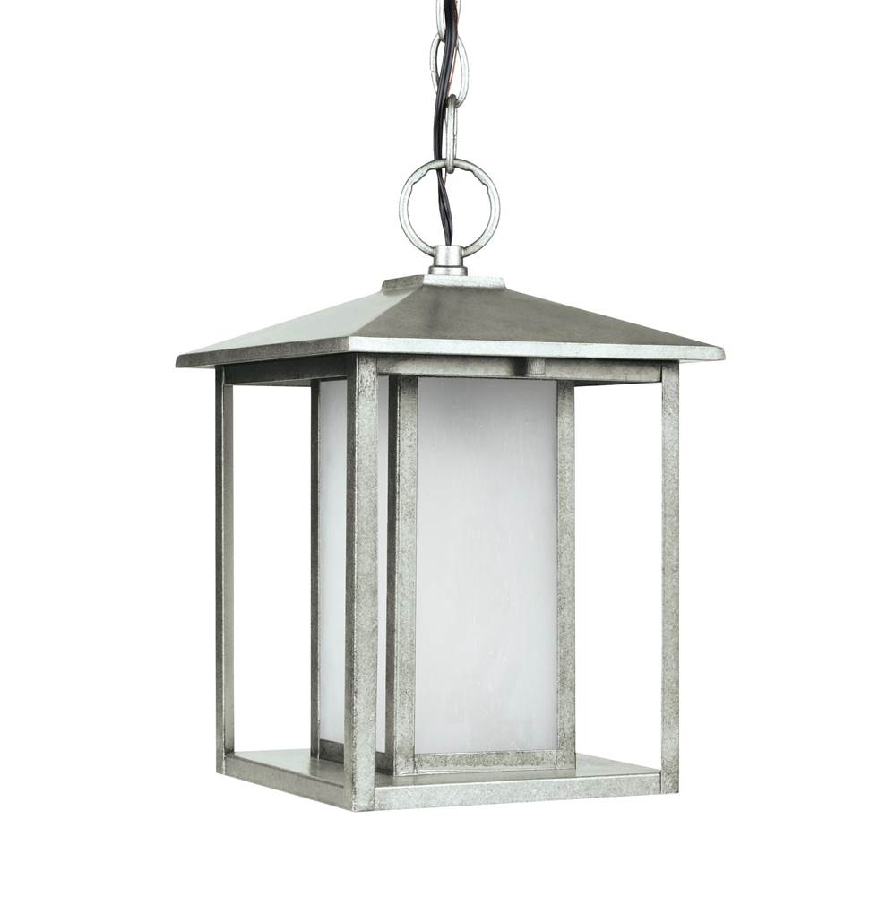 Generation Lighting Hunnington Contemporary 1-Light Led Outdoor Exterior Pendant In Weathered Pewter Grey Finish With Etched Seeded Glass Panels