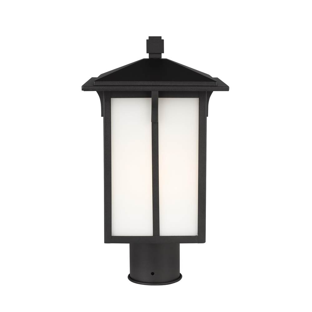 Generation Lighting Tomek Modern 1-Light Outdoor Exterior Post Lantern In Black Finish With Etched White Glass Panels