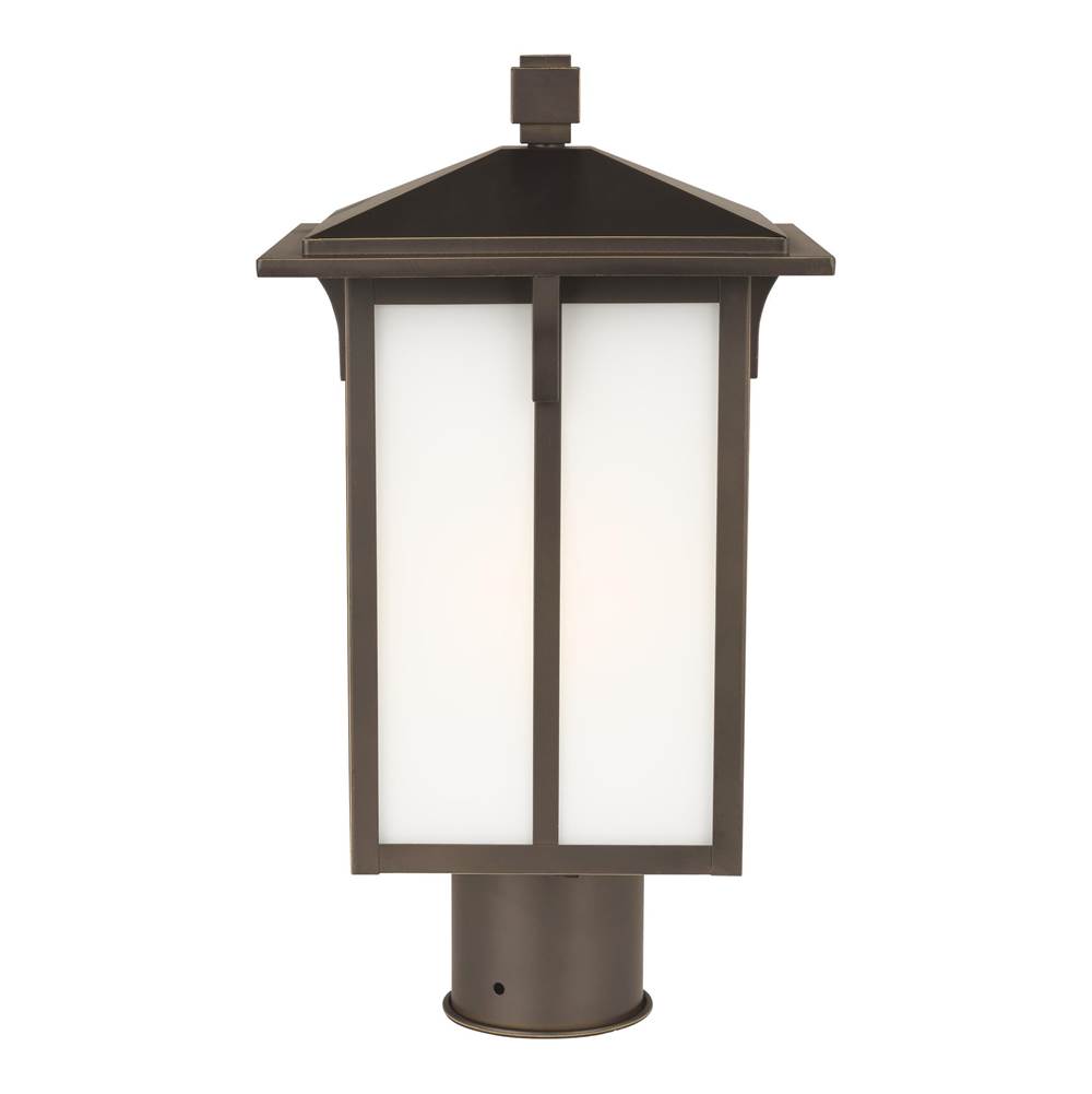 Generation Lighting Tomek Modern 1-Light Led Outdoor Exterior Post Lantern In Antique Bronze Finish With Etched White Glass Panels