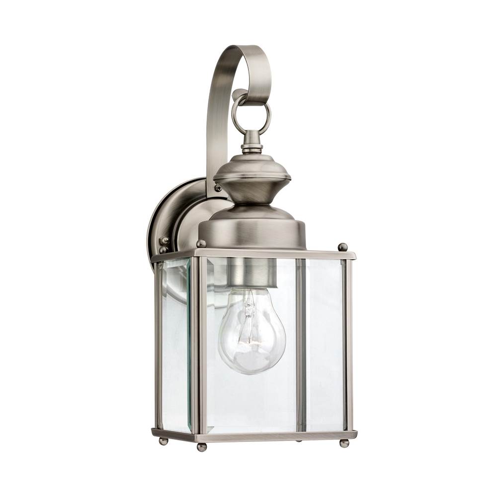 Generation Lighting Jamestowne Transitional 1-Light Medium Outdoor Exterior Wall Lantern In Antique Brushed Nickel Silver Finish With Clear Beveled Glass Panels