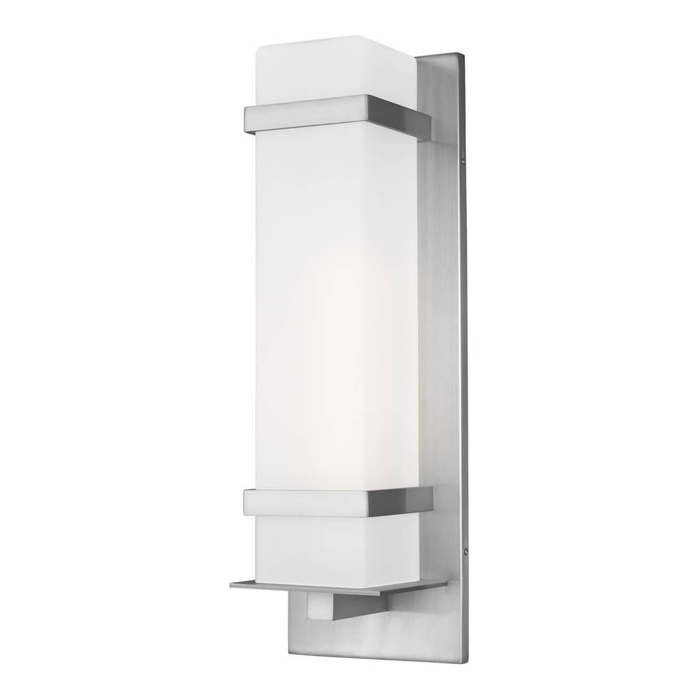 Generation Lighting Alban Modern 1-Light Led Outdoor Exterior Large Square Wall Lantern Sconce In Satin Aluminum Silver Finish With Etched Opal Glass Shade