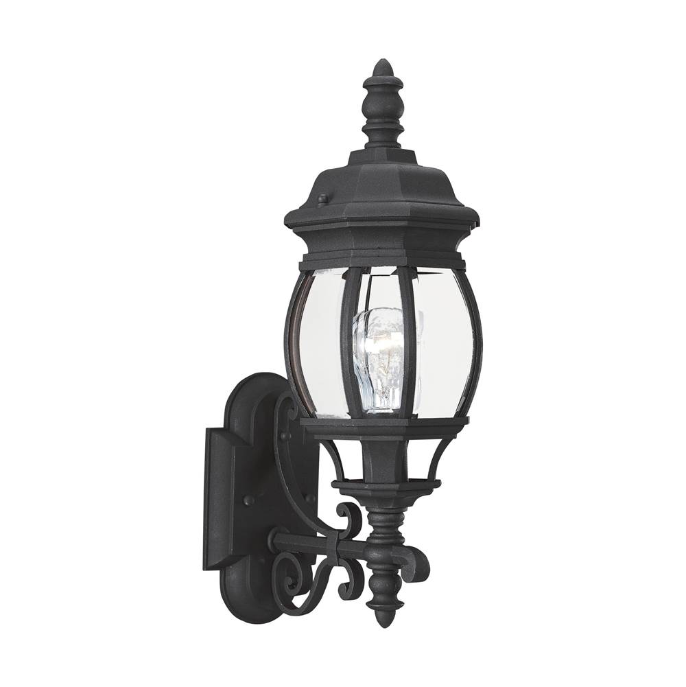 Generation Lighting Wynfield Traditional 1-Light Outdoor Exterior Wall Lantern Sconce Uplight In Black Finish With Clear Beveled Glass Panels