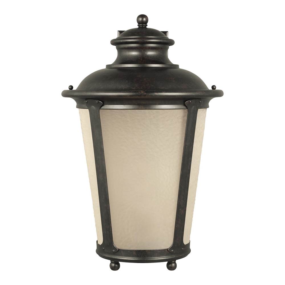 Generation Lighting Cape May Traditional 1-Light Led Outdoor Exterior Extra Large Wall Lantern Sconce In Burled Iron Grey Finish With Etched Light Amber Glass Shade
