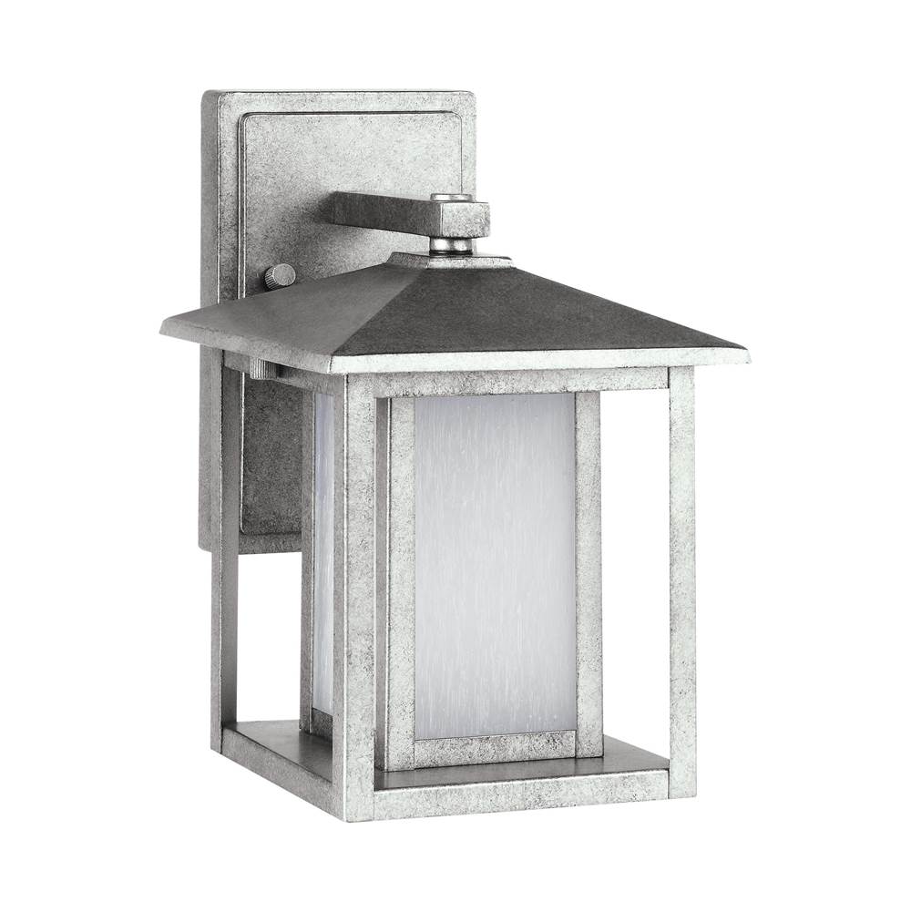 Generation Lighting Hunnington Contemporary 1-Light Outdoor Exterior Small Led Outdoor Wall Lantern In Weathered Pewter Grey Finish With Etched Seeded Glass Panels