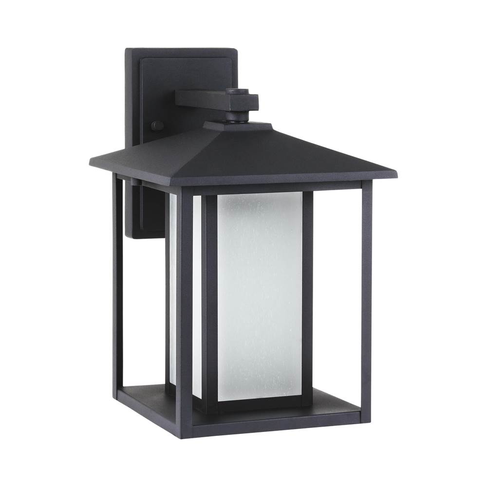 Generation Lighting Hunnington Contemporary 1-Light Outdoor Exterior Large Led Outdoor Wall Lantern In Black Finish With Undefined Glass Panels