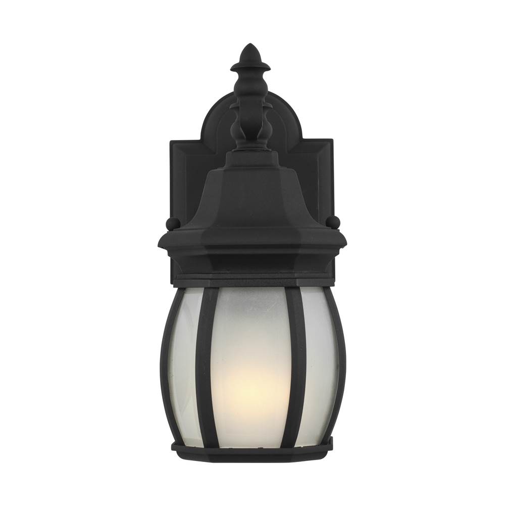 Generation Lighting Wynfield Traditional 1-Light Outdoor Exterior Small Wall Lantern Sconce In Black Finish With Frosted Glass Panels