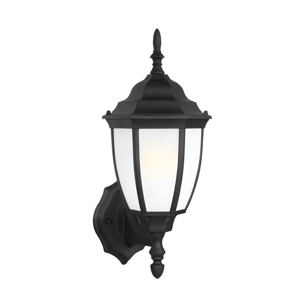 Generation Lighting Bakersville Traditional 1-Light Outdoor Exterior Round Wall Lantern Sconce In Black Finish With Satin Etched Glass Shades