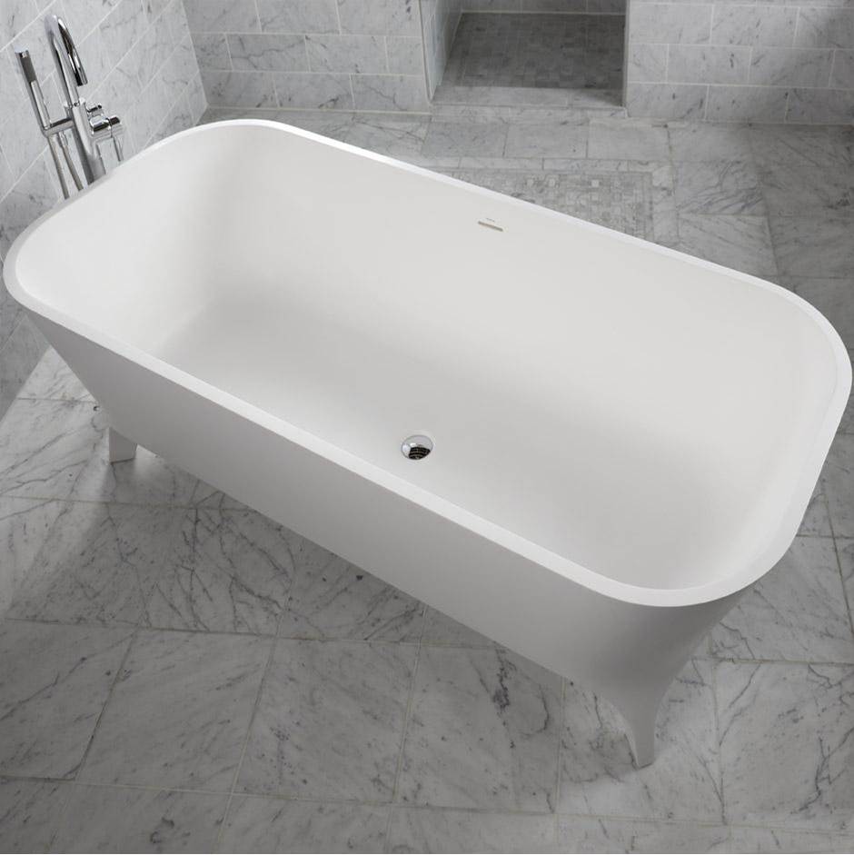 Lacava Free-standing soaking bathtub made of white solid surface with an overflow and a decorative solid surface drain; net weight 408 lbs