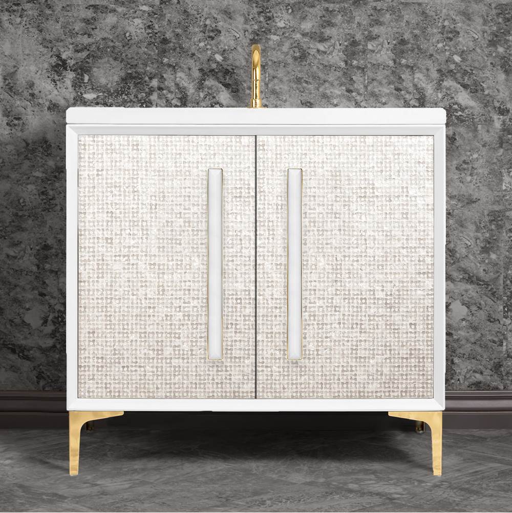 Linkasink MOTHER OF PEARL with 18'' Artisan Glass Prism Hardware 36'' Wide Vanity, White, Polished Brass Hardware, 36'' x 22'' x 33.5'' (without vanity top)
