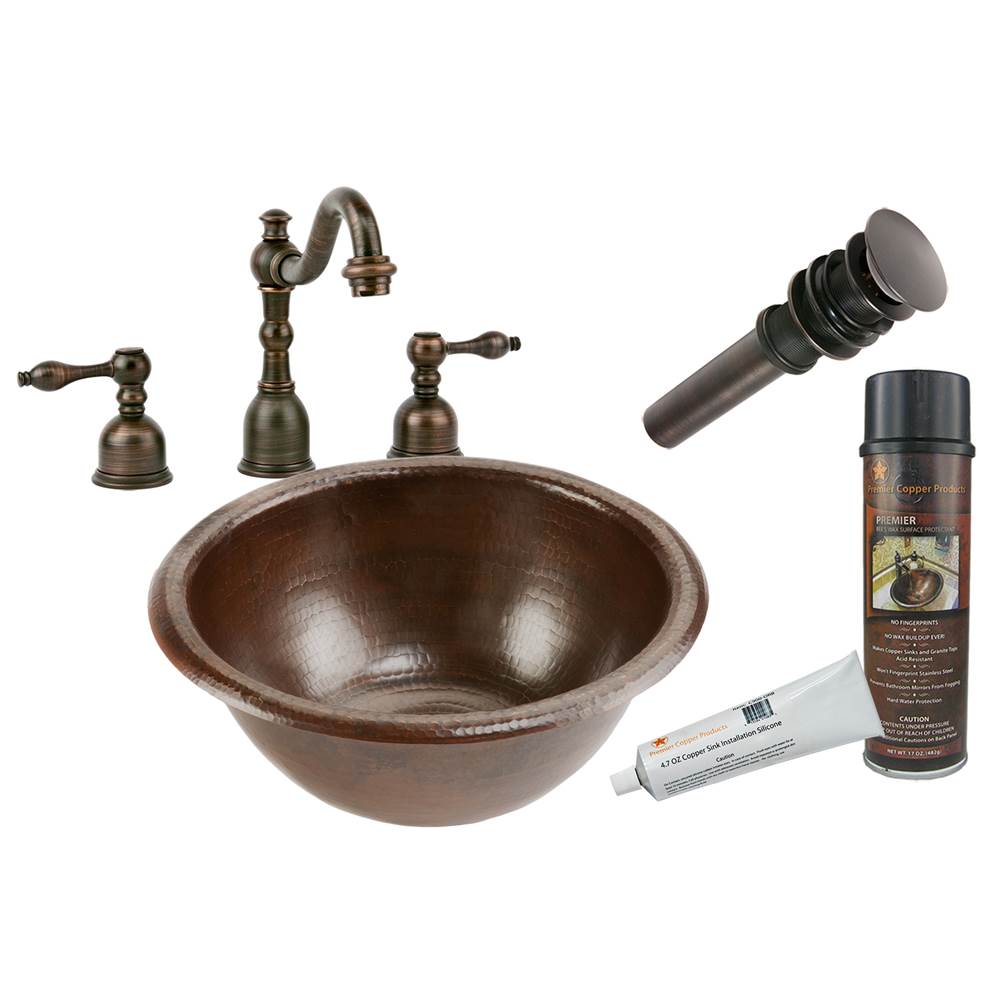 Premier Copper Products Small Round Self Rimming Hammered Copper Sink with ORB Widespread Faucet, Matching Drain and Accessories