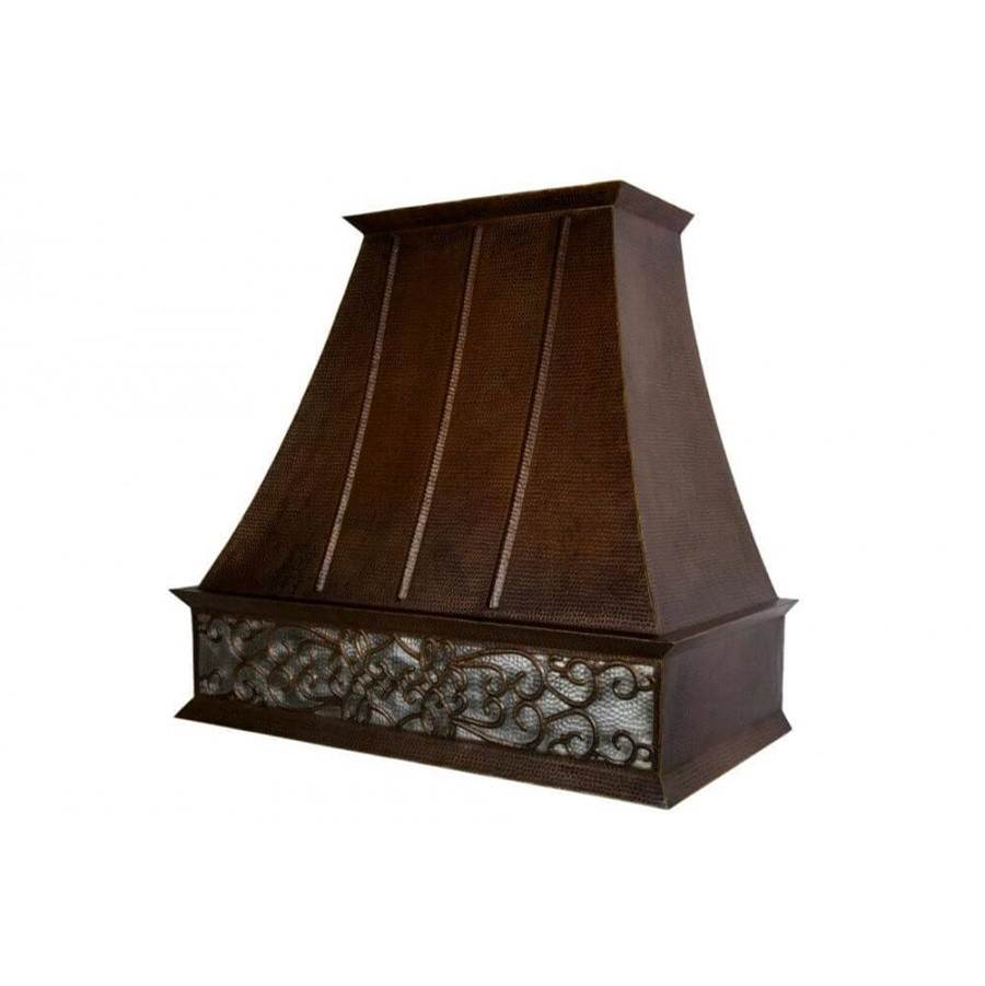Premier Copper Products 38 Inch 1250 CFM Hand Hammered Copper Wall Mounted Euro Range Hood with Nickel Background Scroll Design and Screen Filters