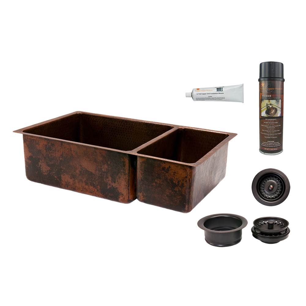 Premier Copper Products 33'' Hammered Copper Kitchen 75/25 Double Basin Sink with Matching Drains, and Accessories