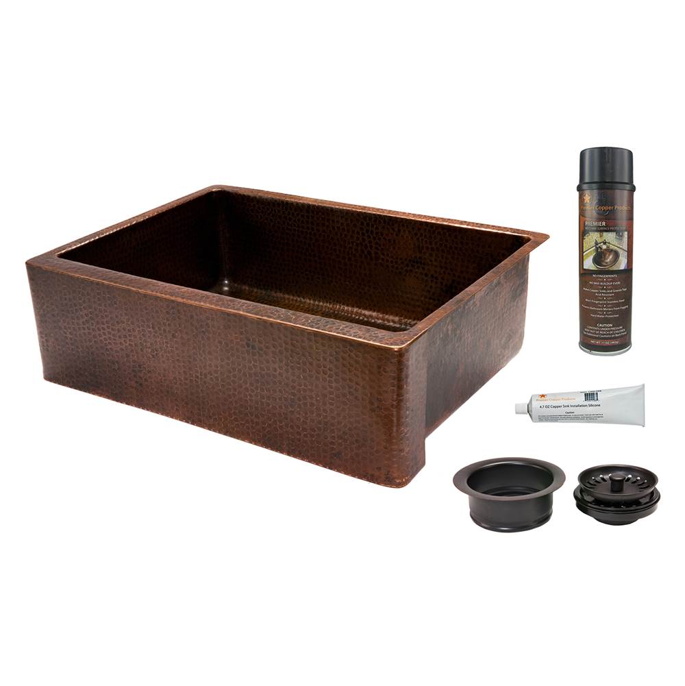 Premier Copper Products 30'' Hammered Copper Kitchen Apron Single Basin Sink with Matching Drain and Accessories