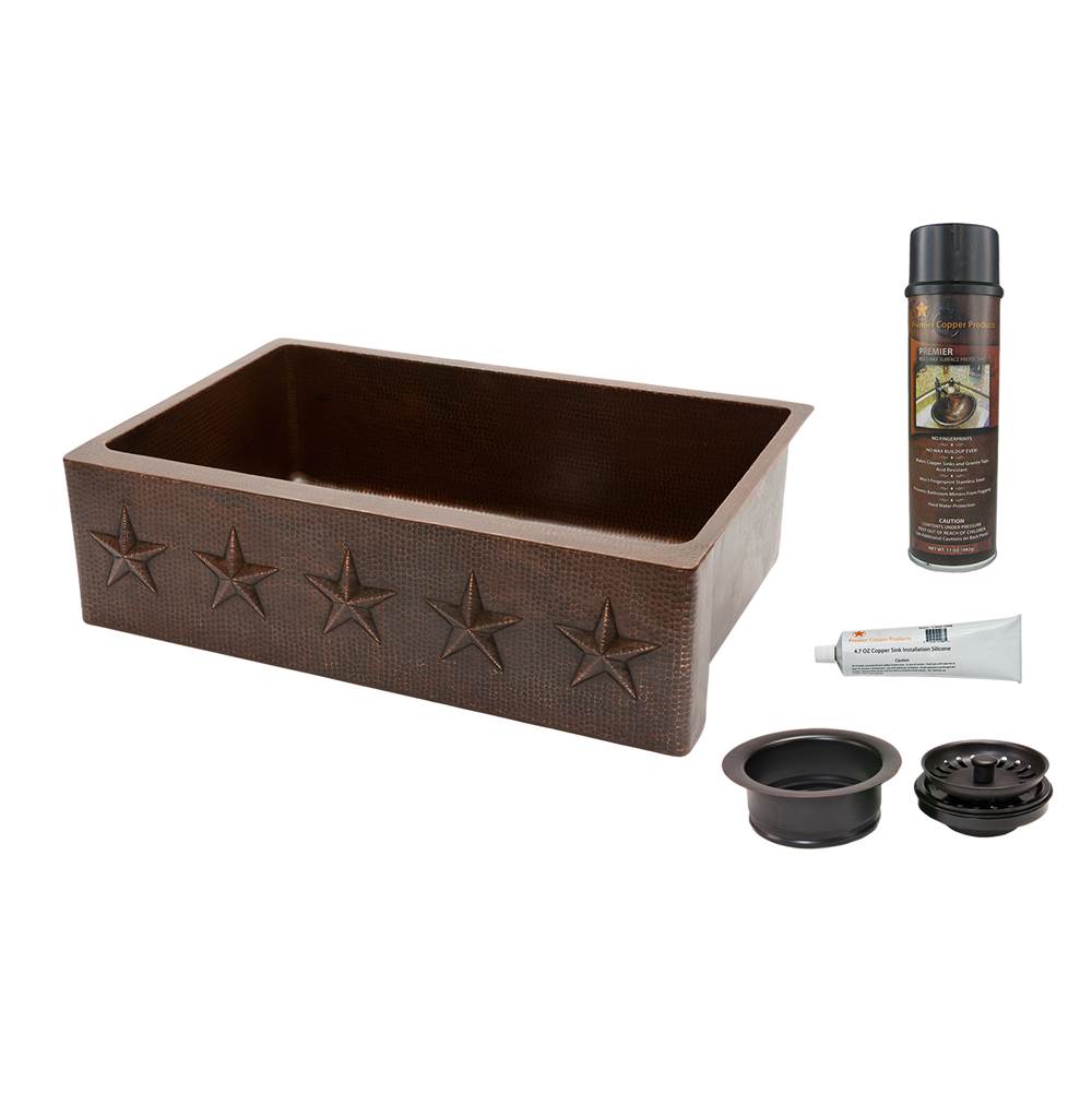Premier Copper Products 33'' Hammered Copper Kitchen Apron Single Basin Sink w/ Star Design with Matching Drain and Accessories