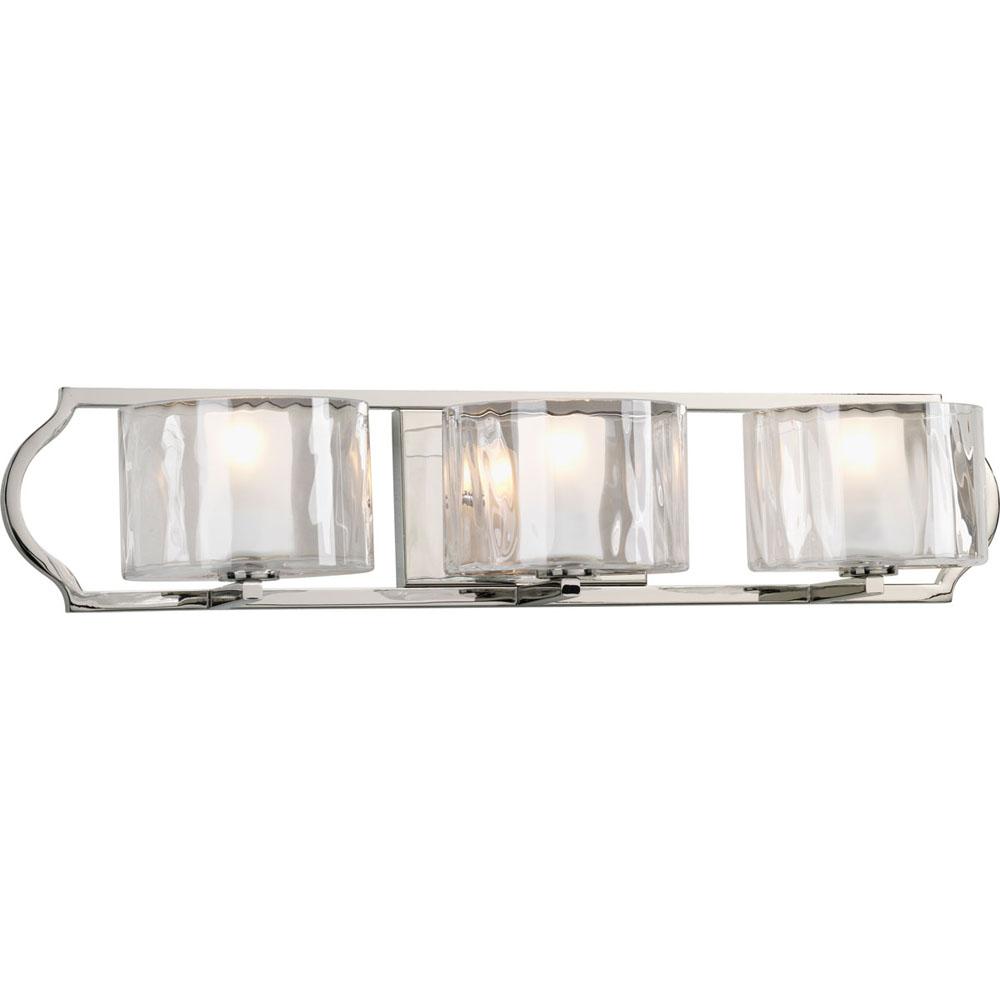 Progress Lighting Caress Collection Three-Light Polished Nickel Clear Water Glass Luxe Bath Vanity Light