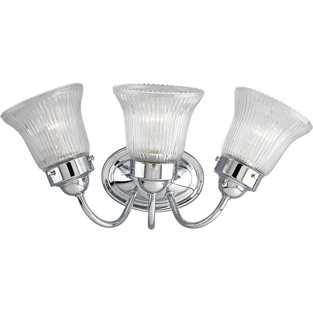 Progress Lighting Fluted Glass Collection Three-Light Polished Chrome Clear Prismatic Glass Traditional Bath Vanity Light