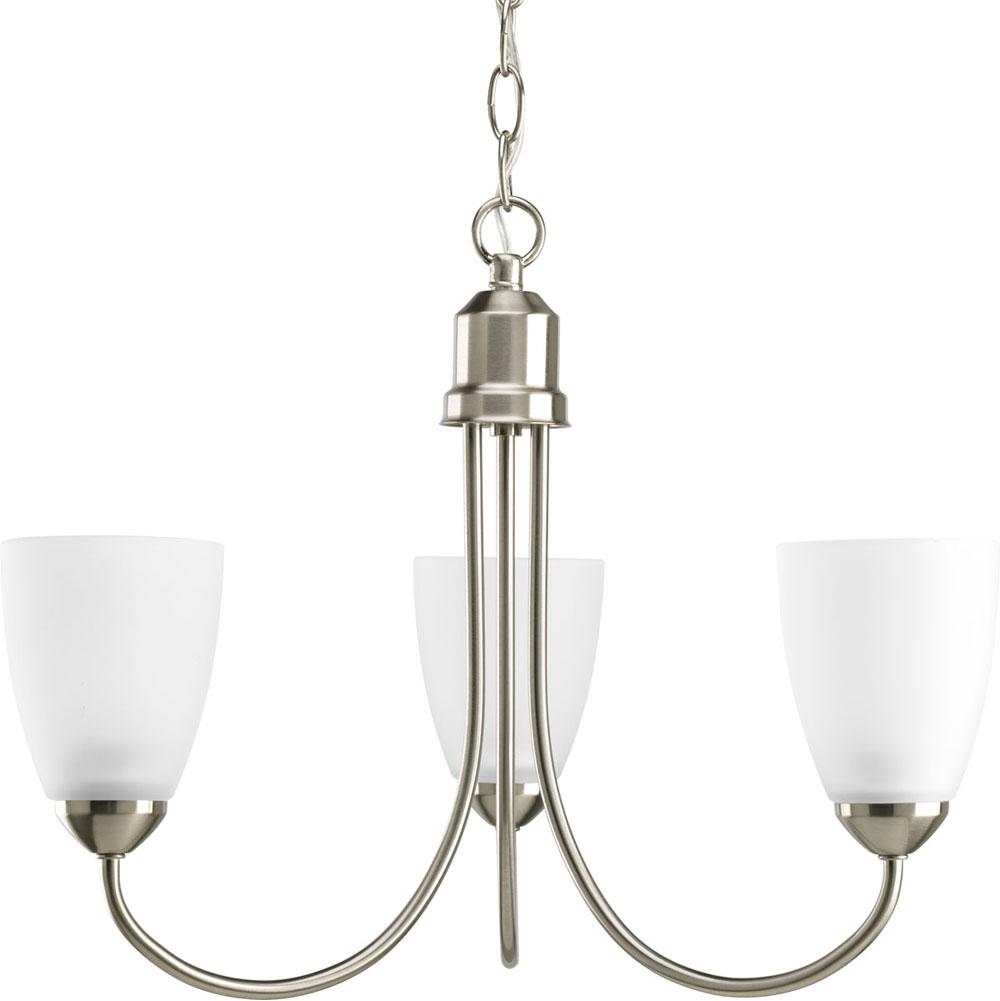 Progress Lighting Gather Collection Three-Light Brushed Nickel Etched Glass Traditional Chandelier Light