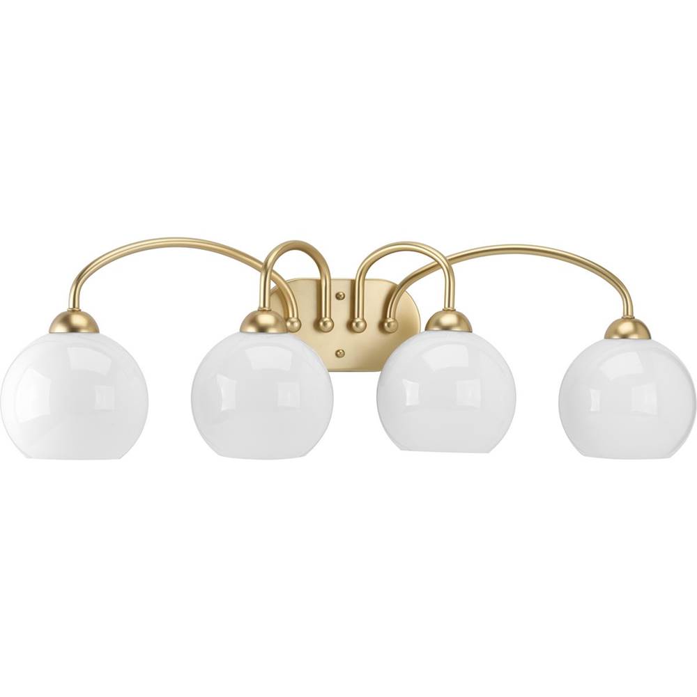 Progress Lighting Carisa Collection Four-Light Vintage Gold Opal Glass Mid-Century Modern Bath Vanity Light