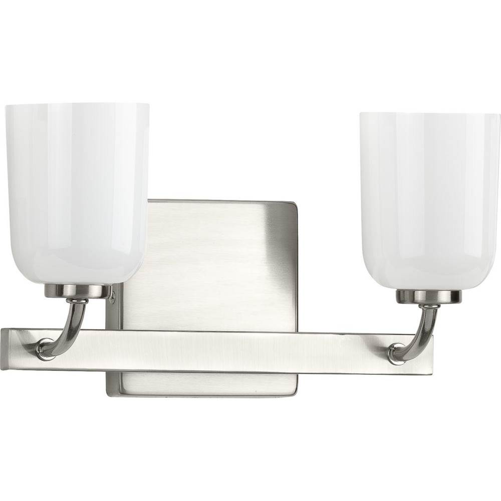 Progress Lighting Moore Collection Two-Light Brushed Nickel White Opal Glass Luxe Bath Vanity Light