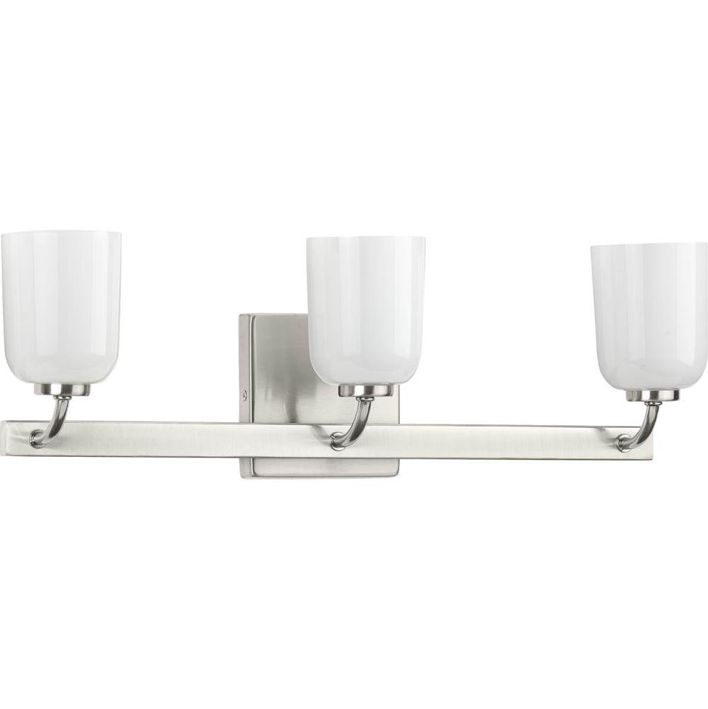 Progress Lighting Moore Collection Three-Light Brushed Nickel White Opal Glass Luxe Bath Vanity Light