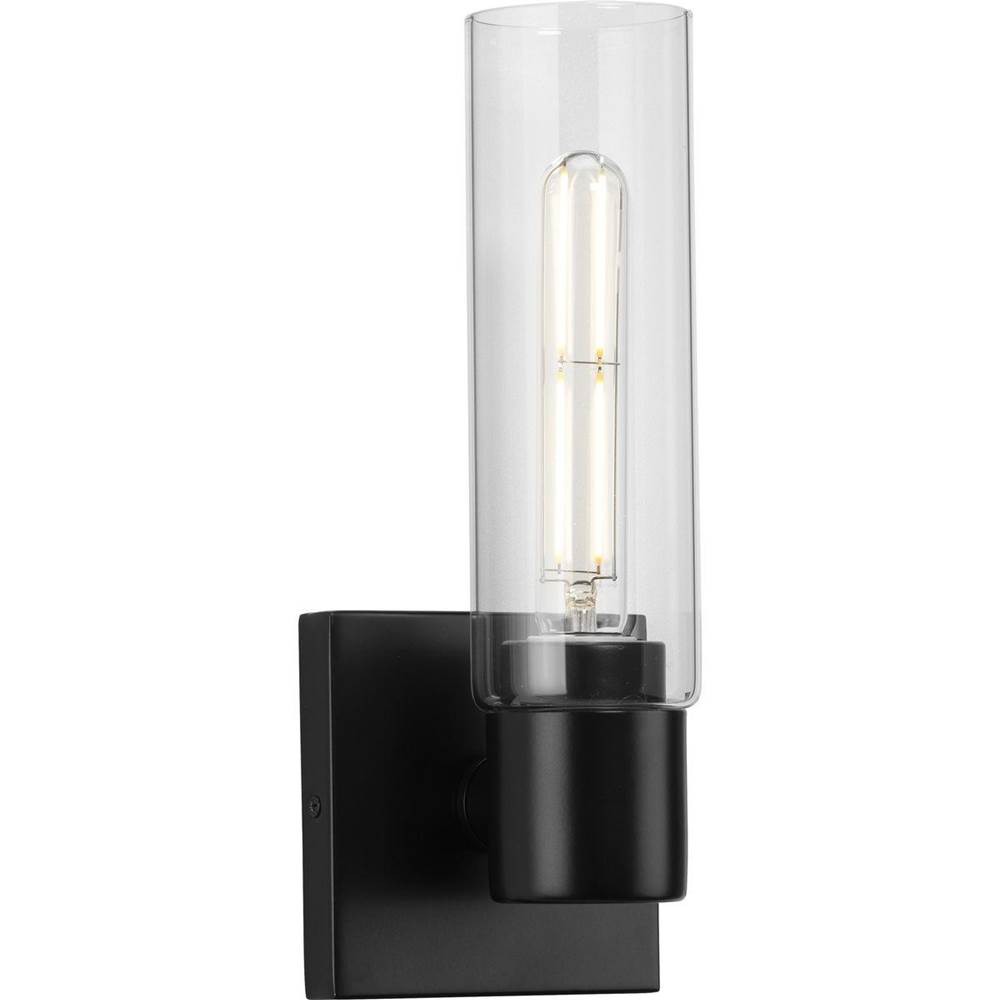 Progress Lighting Clarion Collection One-Light Matte Black Clear and Glass Modern Style Bath Vanity Wall Light