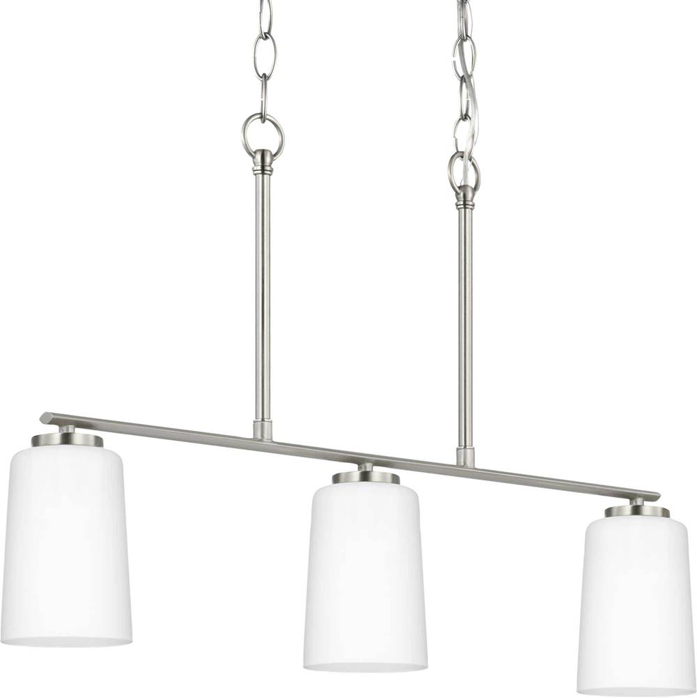 Progress Lighting Adley Collection Three-Light Brushed Nickel Etched White Opal Glass New Traditional Linear Chandelier