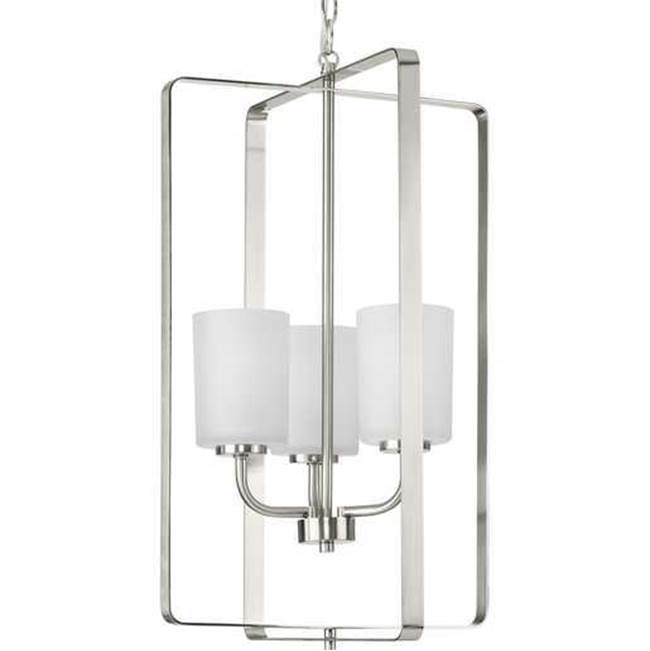 Progress Lighting League Collection Three-Light Brushed Nickel and Etched Glass Modern Farmhouse Foyer Chandelier Light
