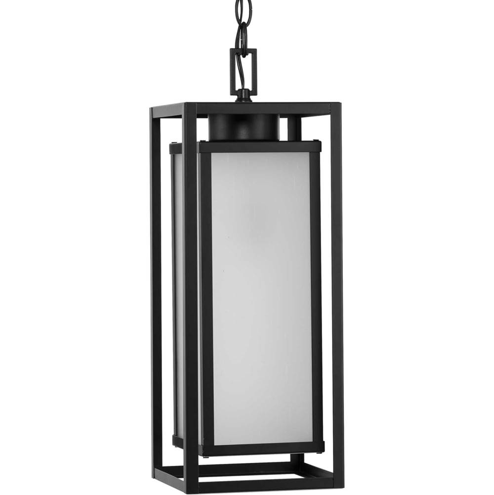 Progress Lighting Unison Collection One-Light Matte Black Etched Seeded Glass Contemporary Hanging Lantern