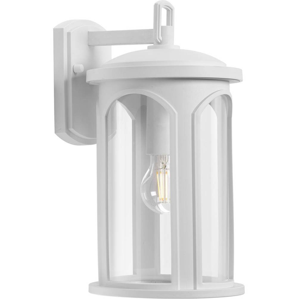 Progress Lighting Gables Collection One-Light Coastal Satin White Clear Glass Outdoor Wall Lantern