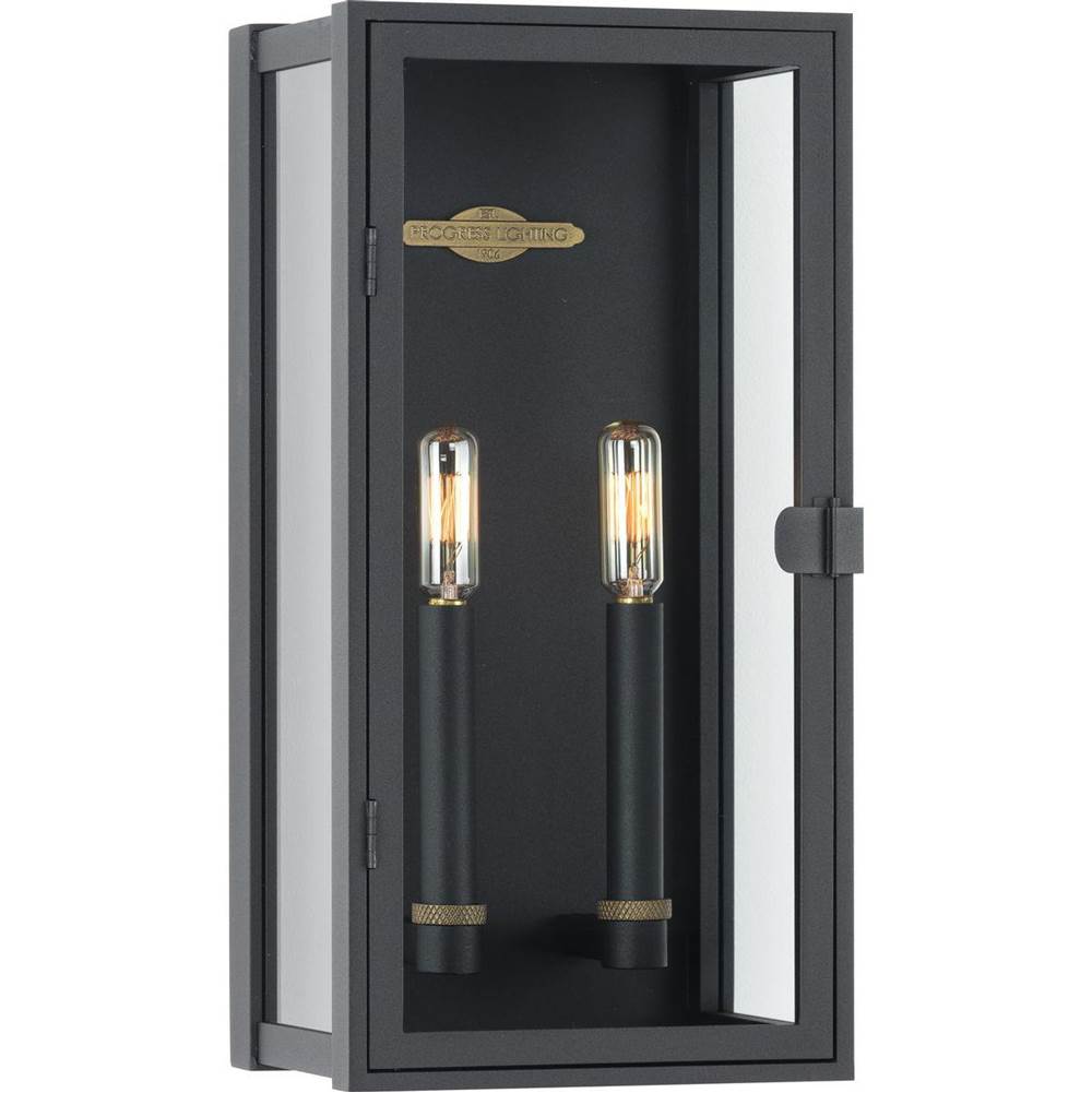 Progress Lighting Stature Collection Two-Light Textured Black and Clear Glass Transitional Style Medium Outdoor Wall Lantern